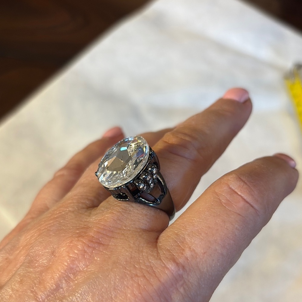 Elegant Gunmetal Silver Statement Crystal Solitaire, side crystals ring